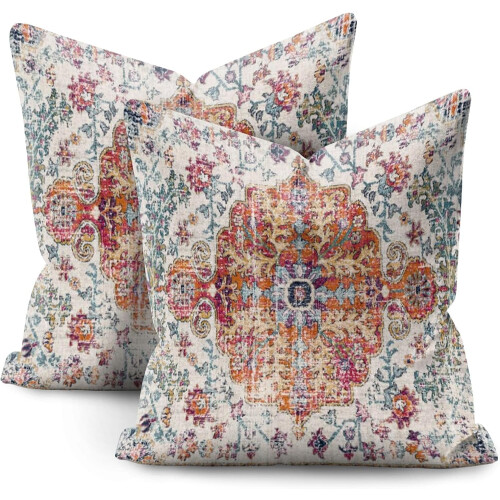 Μαξιλαροθήκες Boho 18x18, Σετ 2 τεμαχίων, Πορτοκαλί & Μπλε Λινά Διακοσμητικά Καλύμματα