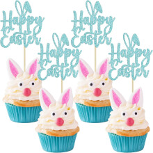 Cute Easter Bunny Ear Cake Pick Decorations - Glitter Cupcake Toppers for Spring Theme Party Supplies - Blue