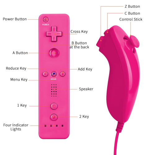 Telecomando e joystick Nunchuk rosa compatibili con Wii/Wii U 2