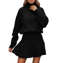 Gebreide rokset voor dames, 2-delige herfstjurken voor dames, truien met lange mouwen en hoge hals, minirok, gebreide casual outfits, effen kleur