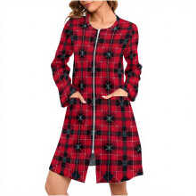 Damenattkjole med juletrykk, juletema, koselig pysjamaskjole i børstet fleece, langermet, glidelås og lommer (S-2XL)