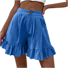 Dames shorts met hoge taille en wijde pijpen, lichtgewicht, met ruches aan de zoom, zwierige korte broek met zakken, blauw S