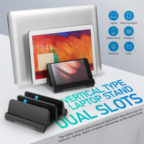FRCOLOR Supporto verticale per laptop con doppio supporto, portatile, da scrivania, da viaggio, nero 2