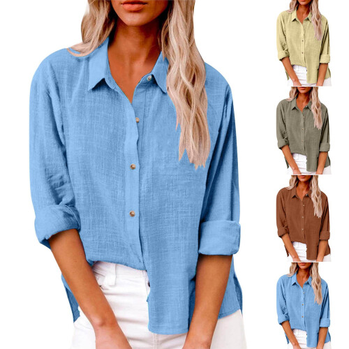 Women's Solid Button-Down Long Sleeve Dress Shirt Khaki XL