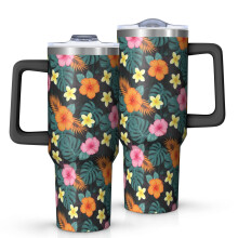 Ποτήρι Pioneer με 40oz, μονωμένο με λαβή και σχέδιο λουλουδιών, καπάκι και καλαμάκια