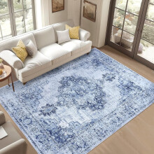 Washable 10'x13' Soft Vintage Area Rug – Boho Farmhouse, Low Pile, Non-Slip Indoor Carpet for Living Room, Bedroom, Dining Room (Navy Blue)