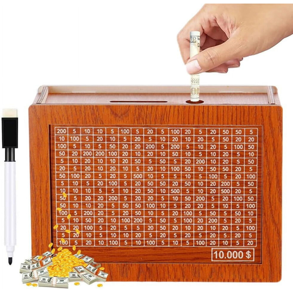 Wooden Cash Vault Savings Box Â 10,000 Challenge Money Box With Target & Numbers, Compatible With Standard Bills 9329345951046