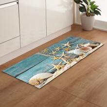 Rustic Starfish Seashell Kitchen Rug, Non-Skid & Washable, Turquoise Wooden Plank Design, Tropical Beach Runner, 32"x48"