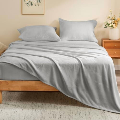 Queen Fleece Bed Sheet Set Light Grey 4-Piece 1
