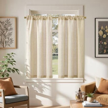 Striped Linen Tier Curtains 45", Farmhouse Modern Cafe Style, Light Filtering, Rod Pocket, Beige, 2 Panels