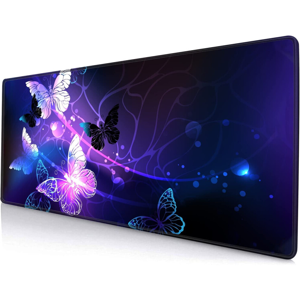 Large Butterfly Gaming Mouse Pad, 31.5X11.8", Non-Slip Rubber Base, Stitched Edges, Compatible With All Mice Purple 9555307285816