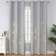 Light Grey Blackout Curtains, Thermal Insulated, Gold Palm Leaf Pattern, Grommet Top, 38"x96", 2 Panels