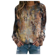 Top da donna a maniche lunghe con stampa grafica, elegante e casual, girocollo, in cotone.