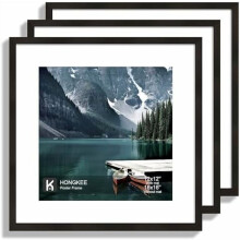 16x16 Square Frame Set of 3 - Display 12x12 Photo with Mat or 16 x 16 Poster without Mat, Wall Mounting Horizontal and Vertical, Black