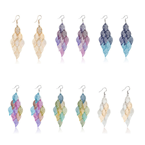 Dame Farverig Multilags Hule Blad Elegant Hook Øreringe Smykker Dekor Legering Lyserød 1