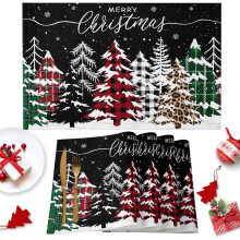 Christmas Tree Black Placemats Set of 6, Washable Cotton-Linen Table Mats for Indoor/Outdoor Holiday Parties – Snowflake, Leopard & Buffalo Plaid