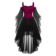 Vestido gótico feminino para corte – Decote ombro a ombro com detalhes em renda e tule, suspensórios, ideal para fantasia de Halloween, vestido