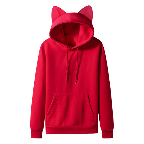 Herren Kapuzenpullover, lässig, einfarbig, mit Katzenohren, Fleece-Kapuzenpullover mit Tasche