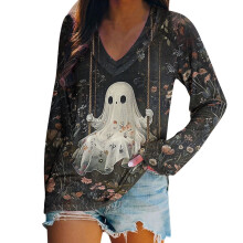 Damen-Sweatshirt in Übergröße mit süßem Halloween-Print, V-Ausschnitt und langen Ärmeln – weich, dehnbar, lässig, Größen S-2XL