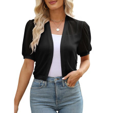 Damen Bolero mit Puffärmeln, offener Vorderseite, kurze, transparente Sommerjacke, Cardigan, Damen-Cardigan, Schwarz, Größe L