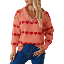 Damestrui met hartjesprint en ritssluiting, Valentijnsdag, V-hals, gebreid vest, casual, losvallende pullover, romantische feestkleding, maat S-2XL