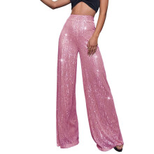 Calças de perna larga femininas, calças de cintura alta para o verão, calças femininas de lantejoulas, modelagem solta e drapeada, estilo casual