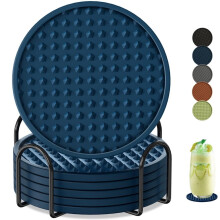 Onderzetters voor drankjes: 6 stuks onderzetters met houder, hittebestendige siliconen onderzetters voor op tafel, antislip rubberen onderzetters