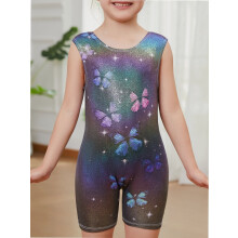 Collant de ginástica para meninas com shorts, estampa de borboleta com efeito luminoso, ideal para dança e acrobacias, tamanhos de 2 a 8 anos.