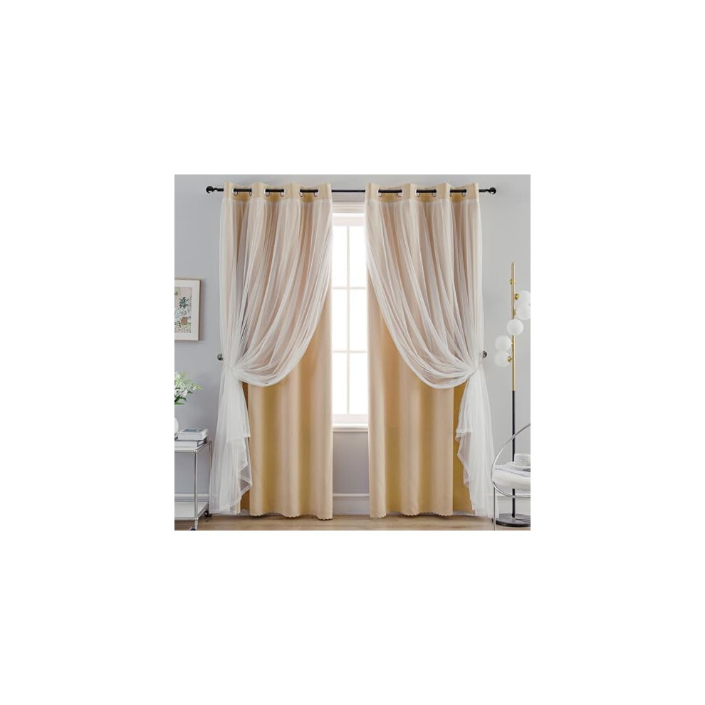 Home Curtains Blackout and Sheer Layered Solid Window Curtain Panel Pair with Grommet Top, 52Wx72L,Beige