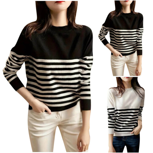 Women's Black & White Stripe Knit Pullover Sweater