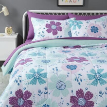 7-delige microvezel kinderdekbedset (Bed-in-a-Bag), tweepersoons/queensize, blauwe bloemen, bloemen