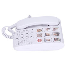 Telefone com fio amplificado com memória para fotos, botões grandes para facilitar o uso por idosos.
