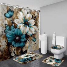 Juego de 4 piezas de cortina de ducha con flores pintadas artísticamente en blanco y azul, juegos de baño con estampado floral y de mariposas,