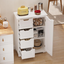 Buffet garde-manger 84 cm (33 po) de hauteur, 1 porte, 4 tiroirs et 3 étagères réglables, blanc, idéal pour la cuisine ou la salle à manger.