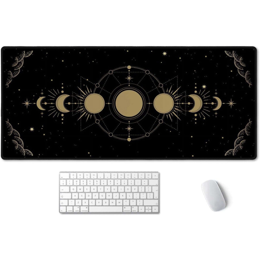 Moon Phase Desk Mat Xxl 35.4X15.7 In Lunar Stars Design Gold 9181073892196