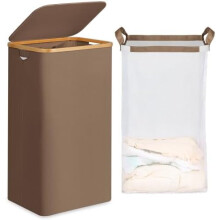 26 Gal Laundry Basket with Lid & Net Bag, Bamboo Handles, Aesthetic Dirty Clothes Bin for Laundry Room, Bathroom, Bedroom, Dorm – Brown