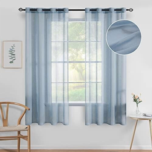 Cortinas em tom azul acinzentado com aparência de linho semitransparente, 54x63 polegadas (2 peças)