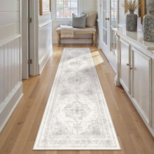 Light Gray Washable Runner Rug 3x10 Vintage Boho Medallion