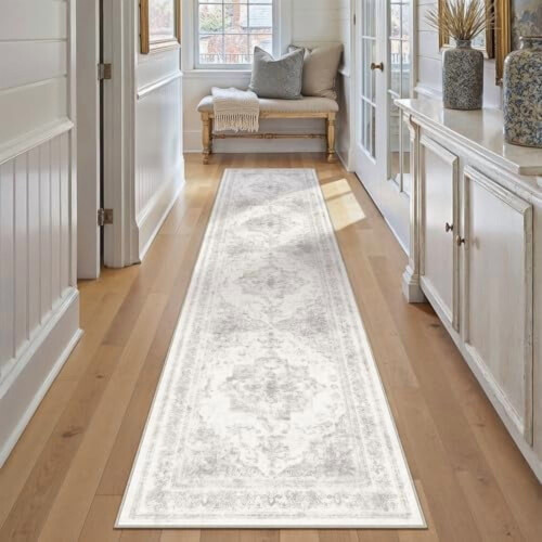 Light Gray Washable Runner Rug 3x10 Vintage Boho Medallion