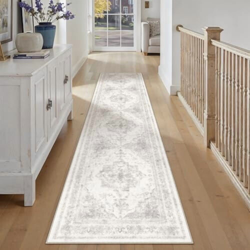 Light Gray Washable Runner Rug 3x10 Vintage Boho Medallion 2