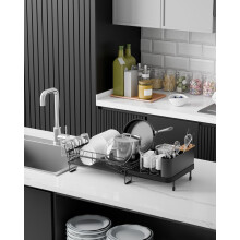 Výsuvný stojan na riad, veľký odkvapkávač na kuchynskú linku 19,2"-26,7" s držiakmi na príbory a poháre, rám z nehrdzavejúcej ocele s