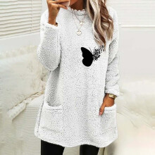 Lenago Plus Size Thermounterwäsche für Damen, Rundhalsausschnitt, lockere Winterbluse mit Print und Tasche, warmes Langarm-Top