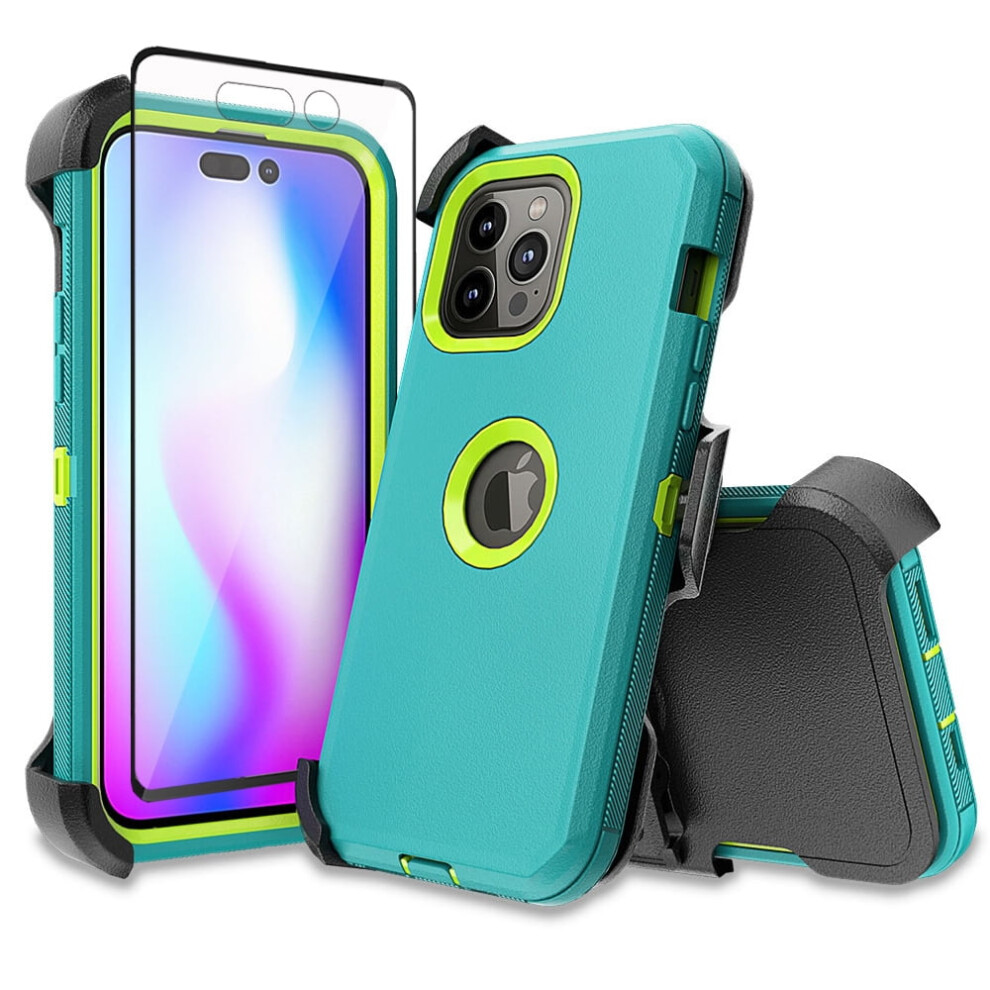 Xhy Compatible With Iphone 14 Pro Case With Belt Clip, Holster & Screen Protector Â Military-Grade 3-In-1 Shockproof Armor, Detachable, + Green/Yellow 9485826268987