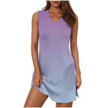 Dámske ombré šaty bez rukávov s výstrihom do V a bočným rozparkom, plus veľkosť S-3XL, materiál podobný bavlne, spandex, priedušné a