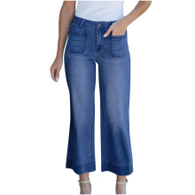 Jean Lenago Bootcut pour femme, jambes larges, taille haute, extensible, coupe droite, fermeture boutonnée, pantalon en denim ample avec poches
