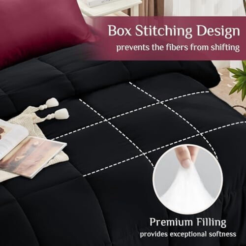 Full Comforter Set Burgundy Black 7-Piece Oeko-TEX 1