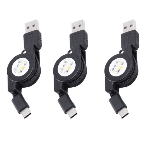 3X USB Type C USB 3.1 Retractable Cable Charger Charging Type-C USB-C Cable Black