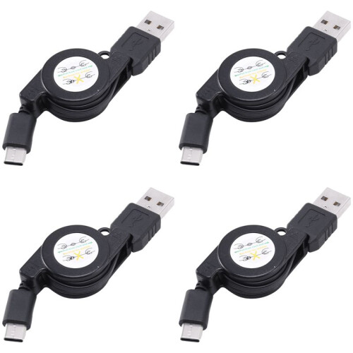 4X USB Type C USB 3.1 Retractable Cable Charger Charging Type-C USB-C Cable Black