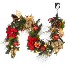 Guirlanda de Natal pré-iluminada de 1,8 m, com 20 LEDs brancos quentes, flores, laços e pinhas. Funciona a bateria. Ideal para lareira, porta e