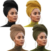 4-delers turbanhodebindsett: Stretchjersey Boho-pannebånd, mykt, pustende skjerf for langt hår – svart/hvit/kongeblå/mørk lilla